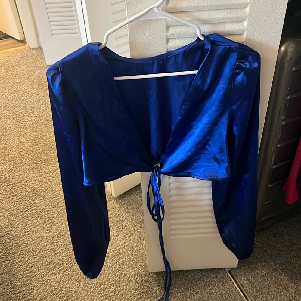 Blue satin long sleeve top